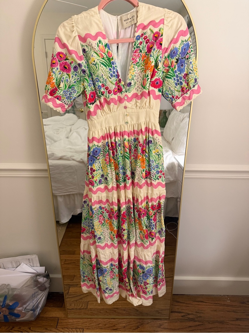Hope & Ivy Cream Floral Embroidered Maxi Dress with Pink Accents